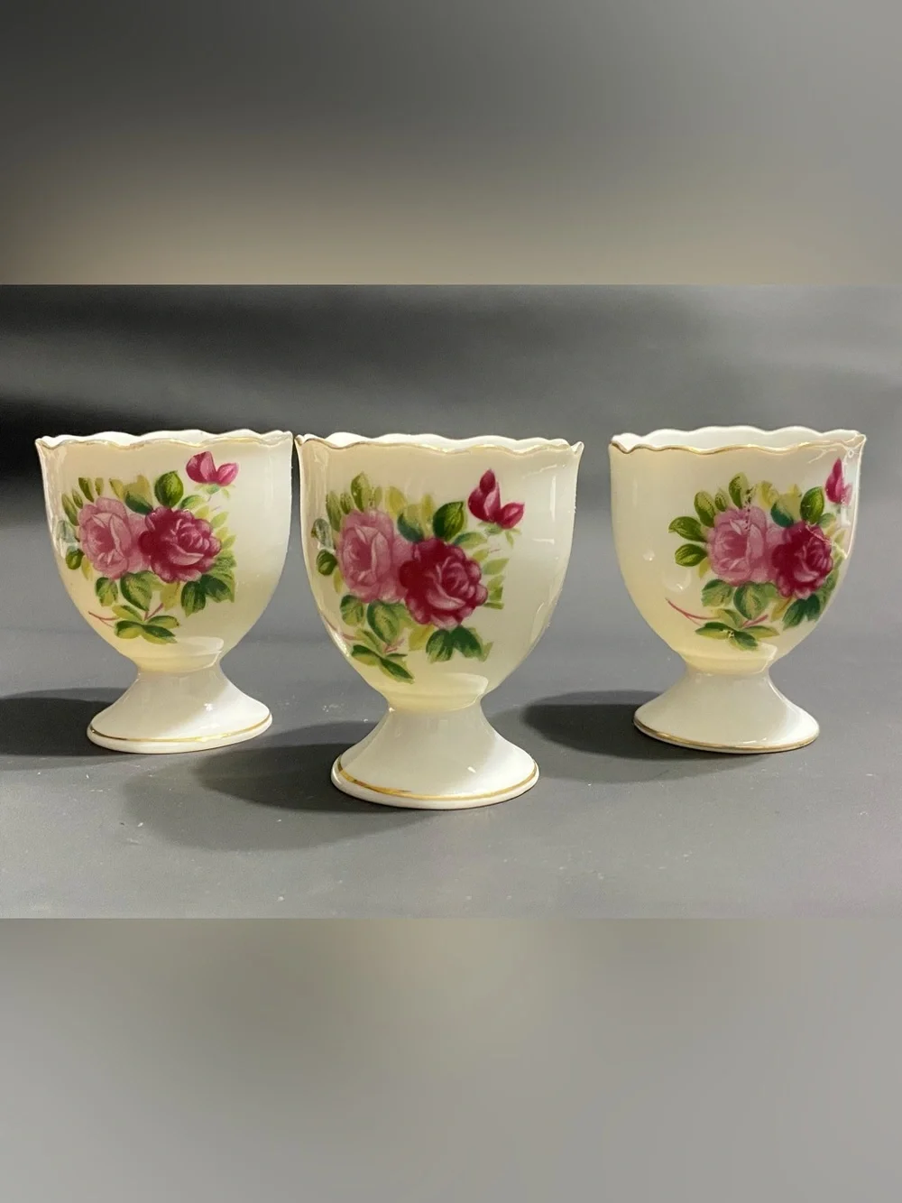 3 Vintage Egg Cups Porcelain white with Pink Roses Scalloped Gold Trim